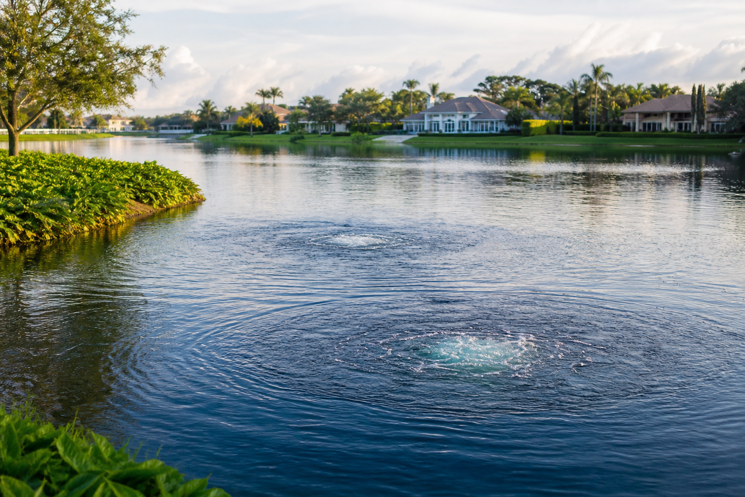 Lake surface showing aeration diffuser bubbling near shoreline foliage