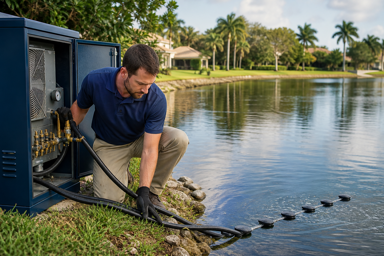 Technician adjusting aeration cabinet hoses at the lake edge