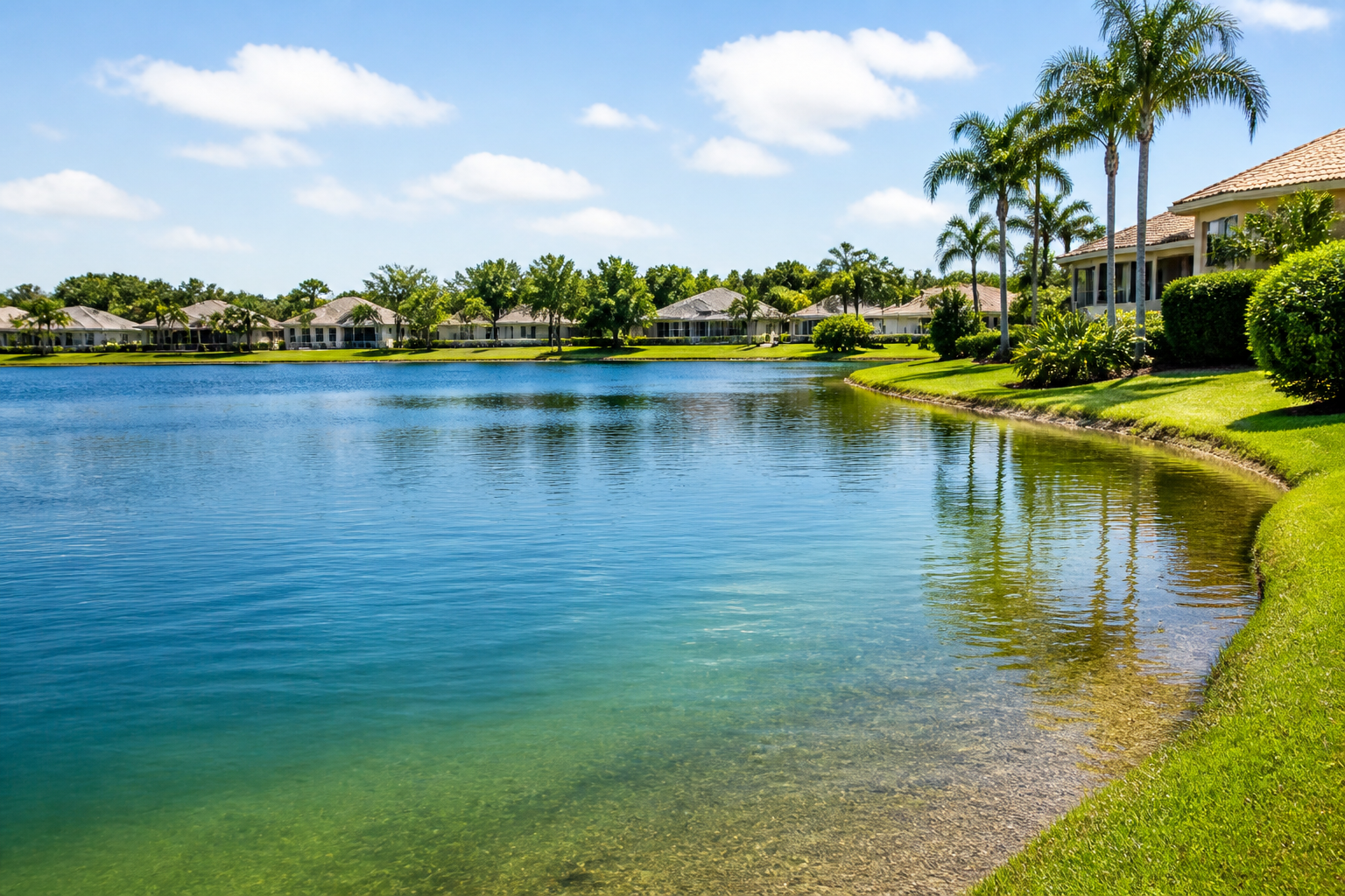 Healthy Florida lake with clear water after algae control