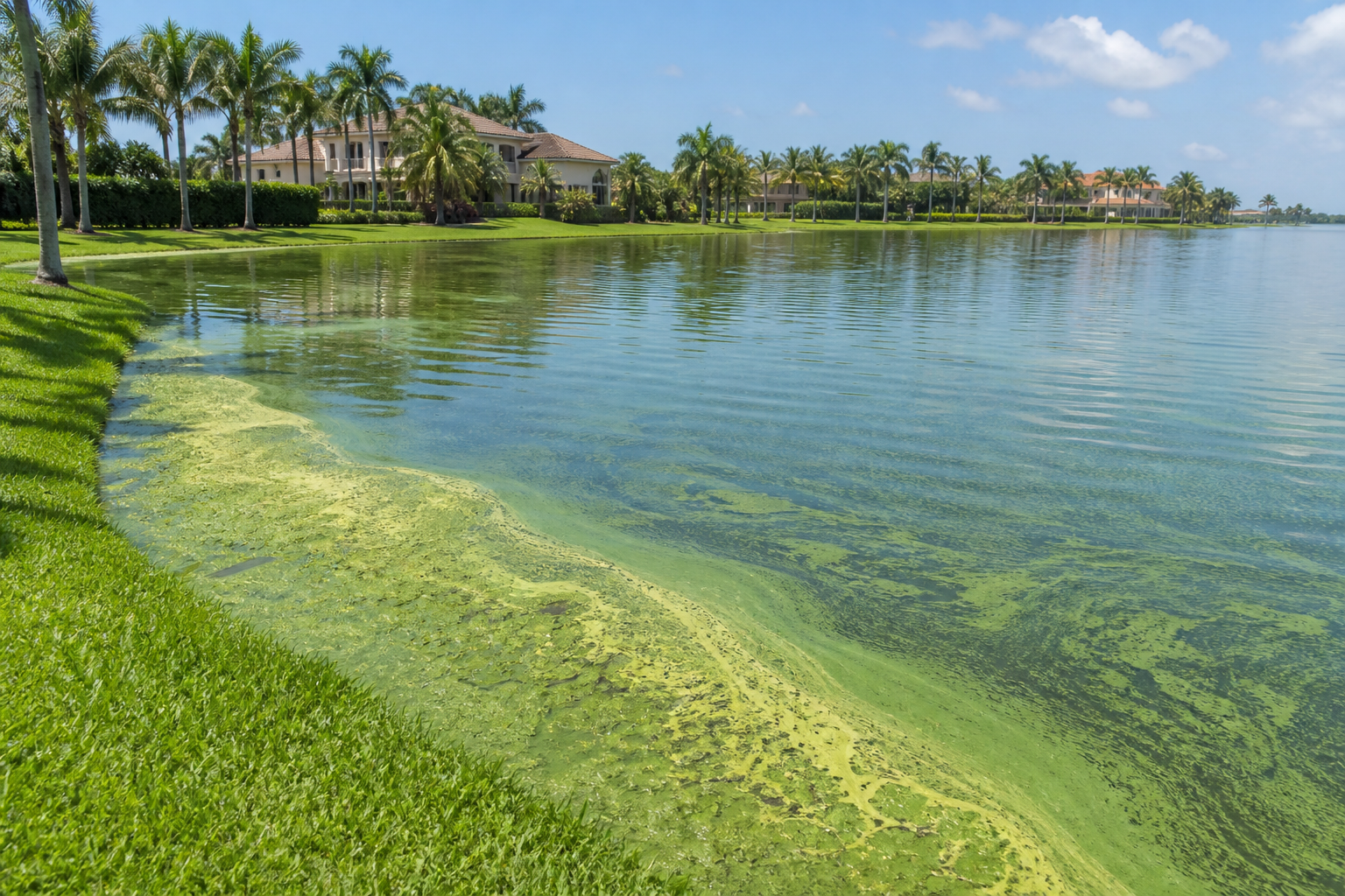 Residential lake shoreline showing dense surface algae bloom