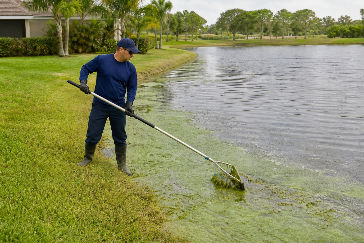 Technician treating and removing algae along a Florida lake shoreline