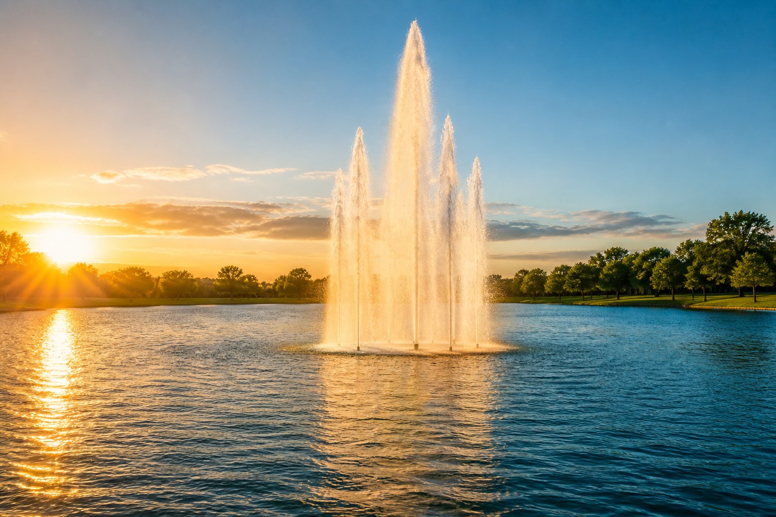 Lake fountain spraying against a sunset sky