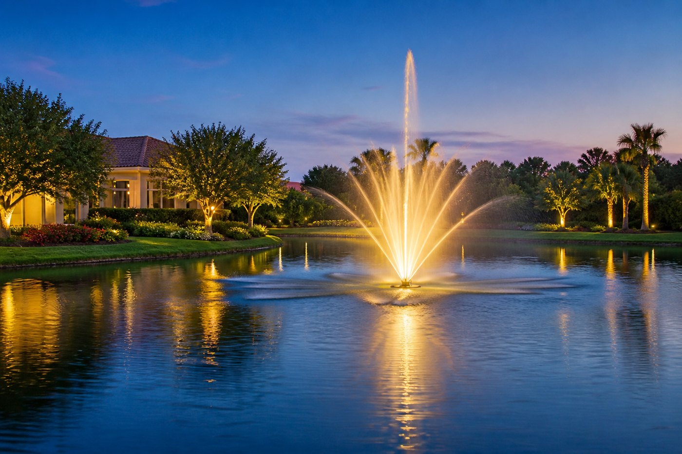 Lit floating fountain operating at dusk on a community lake
