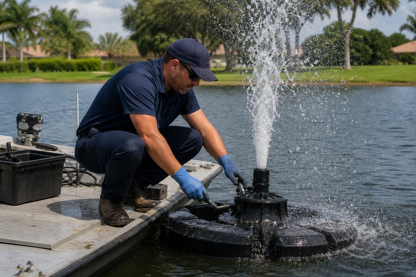 Technician servicing a floating fountain from a work boat