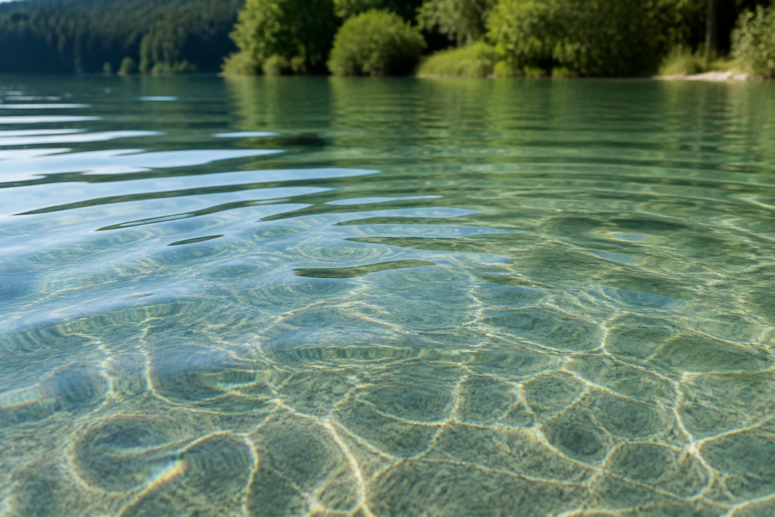 Close-up of clear shallow lake water over a sandy pebble bed