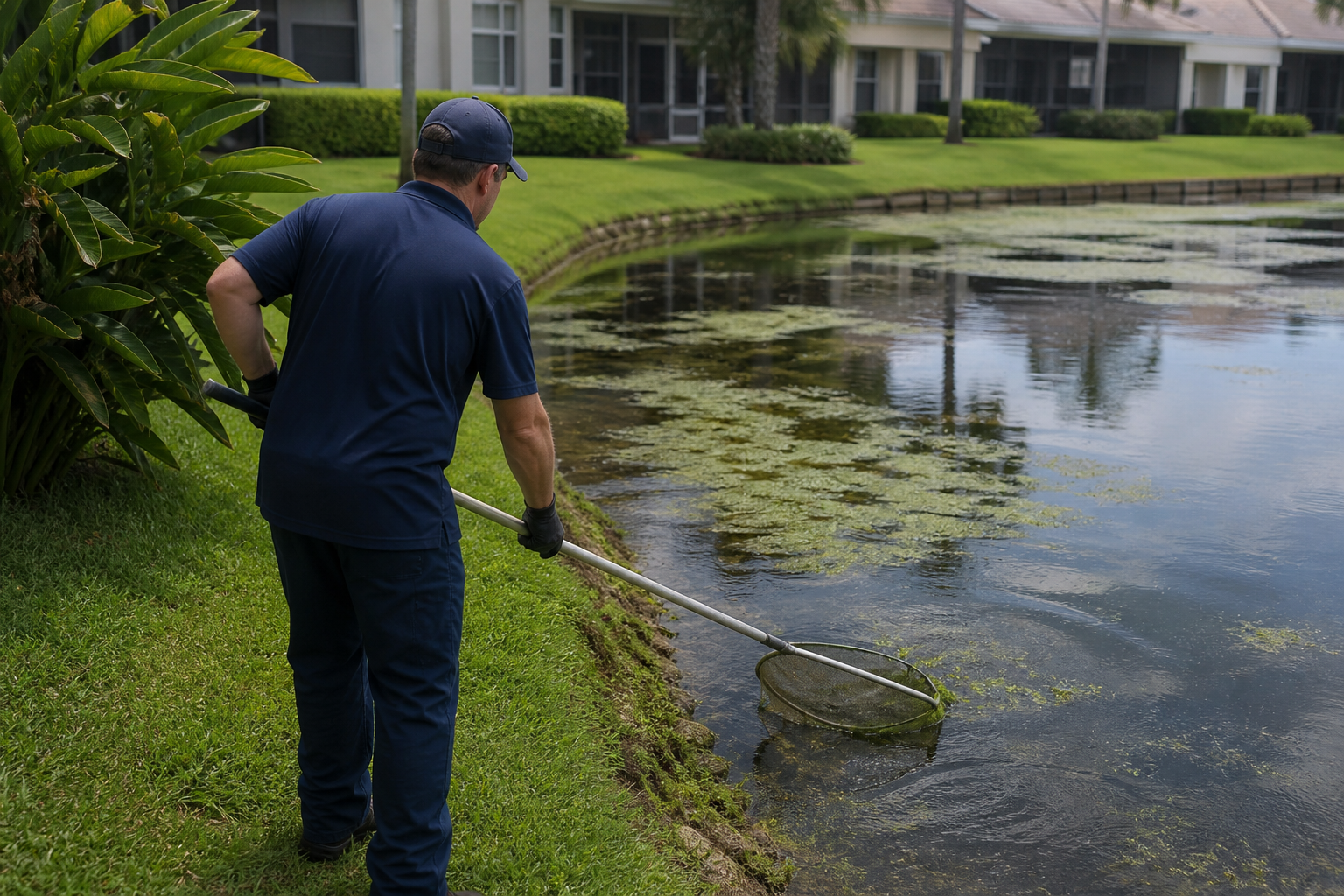 Technician netting surface vegetation along a community pond