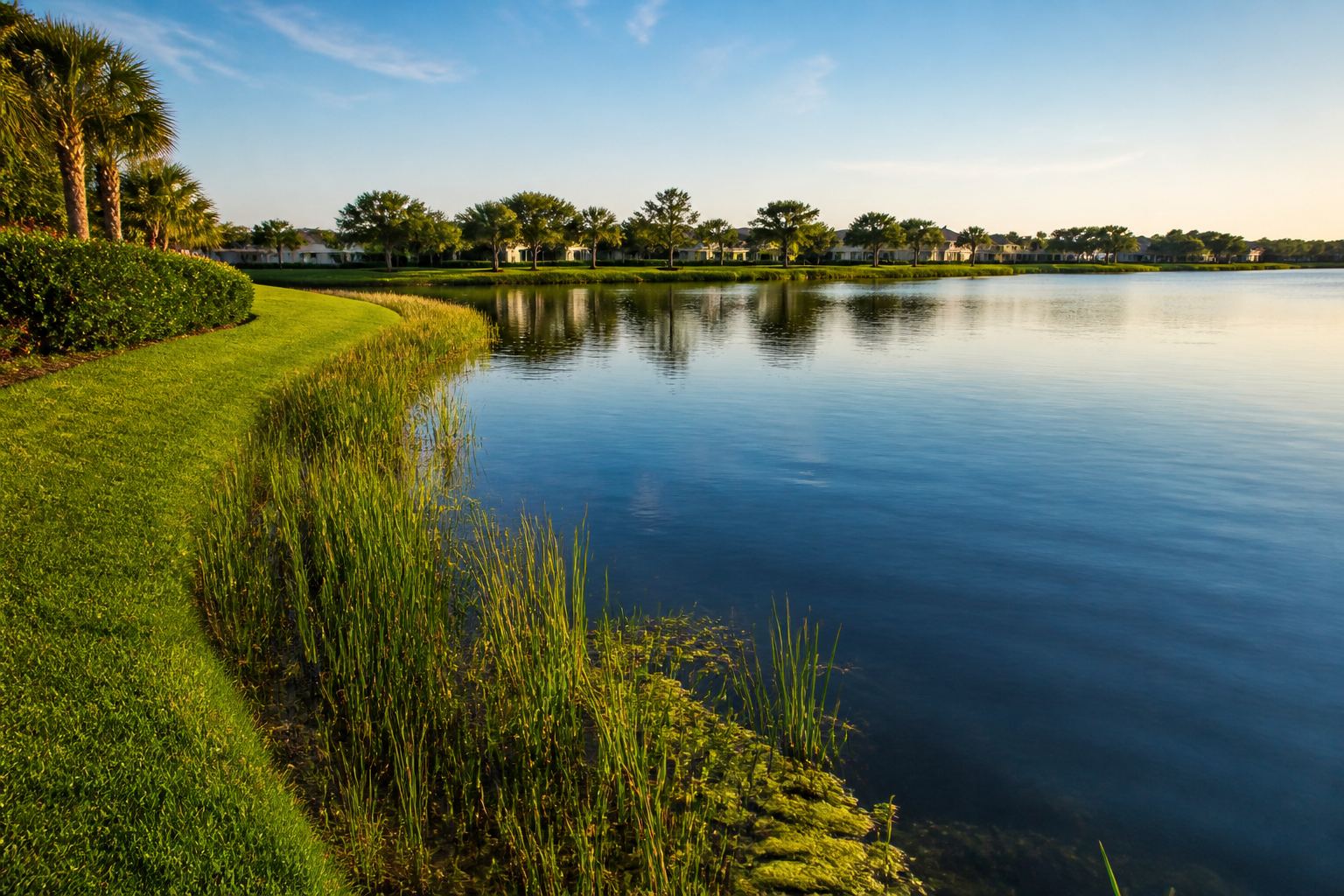 Calm residential lake with healthy shoreline vegetation