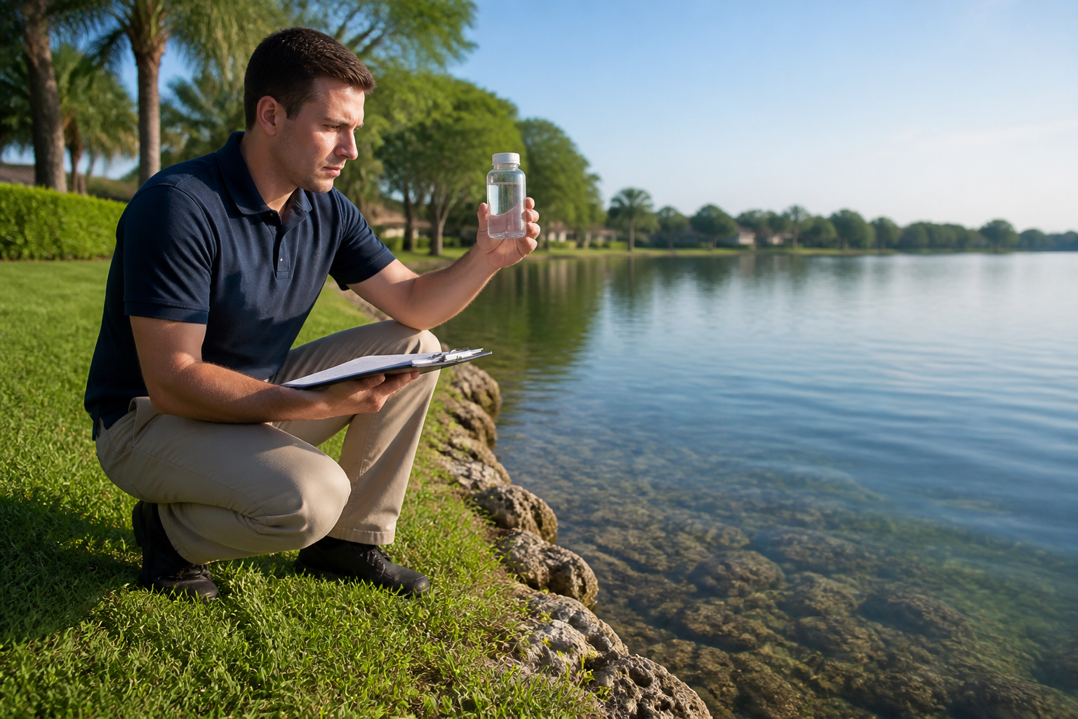 Technician examining a water sample beside a rocky shoreline