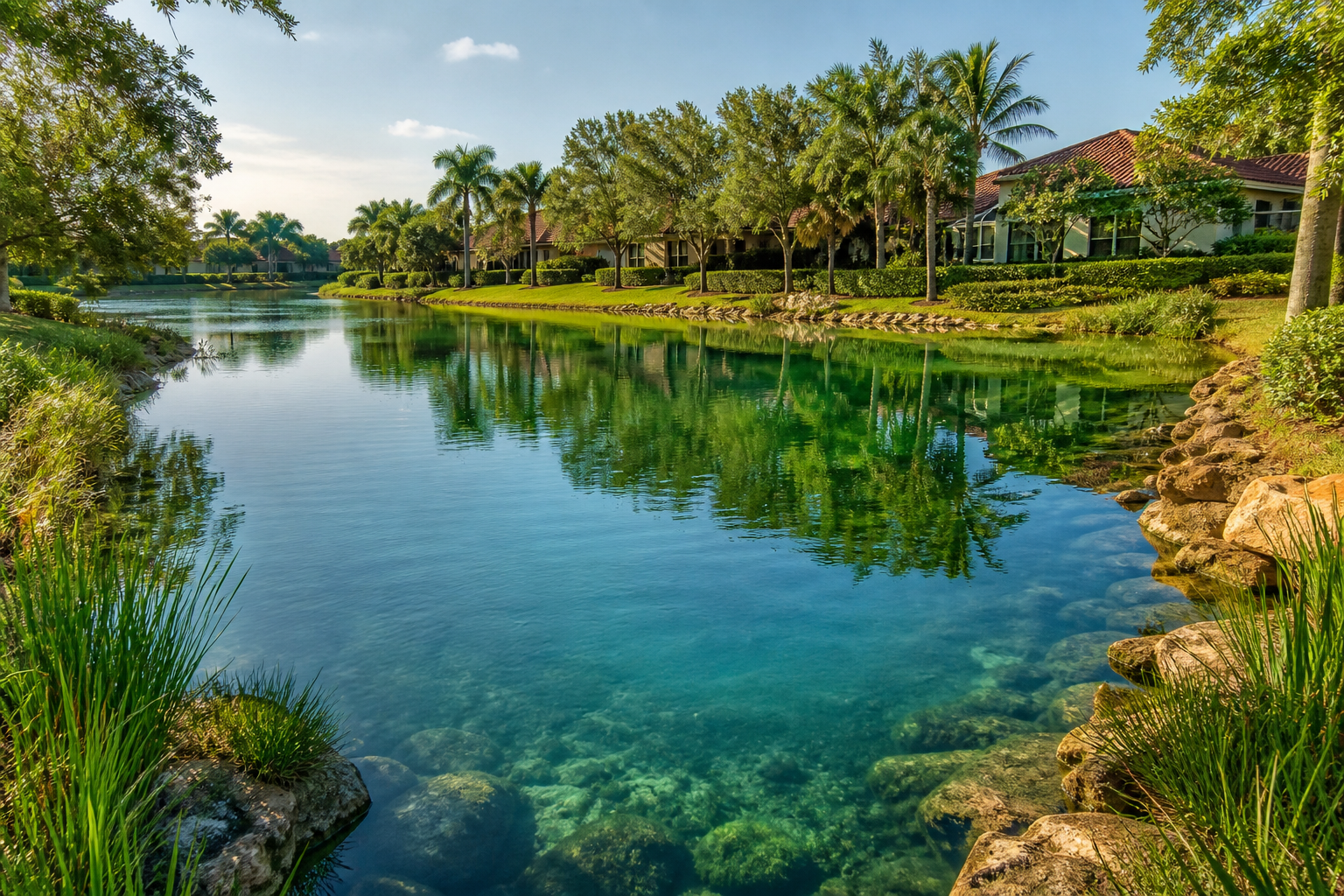 Clear restored lake water with rocky shoreline and residential backdrop