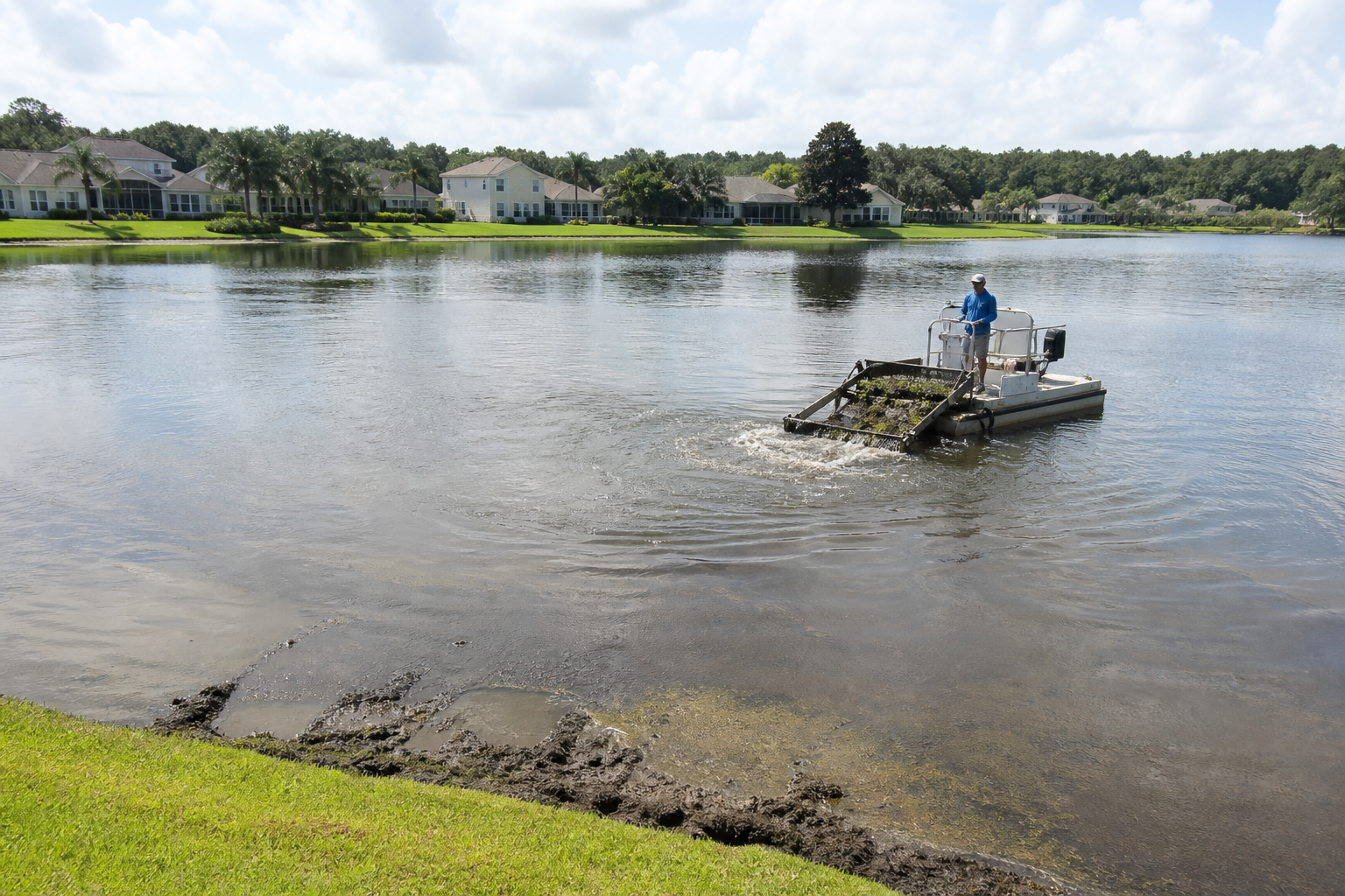 Technician operating aquatic vegetation equipment on a residential lake